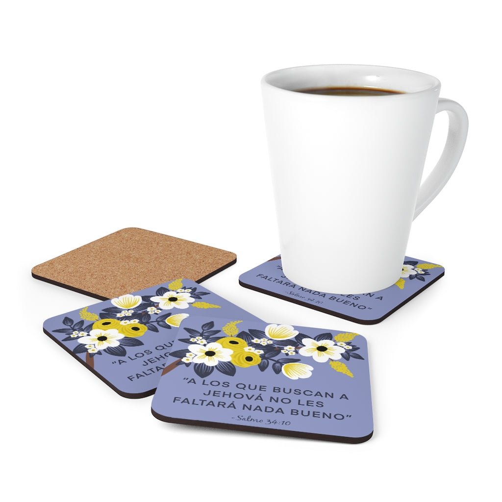 Those Seeking Jehovah Will Lack Nothing Good Psalm 34:10 (Spanish) Corkwood Coaster Set