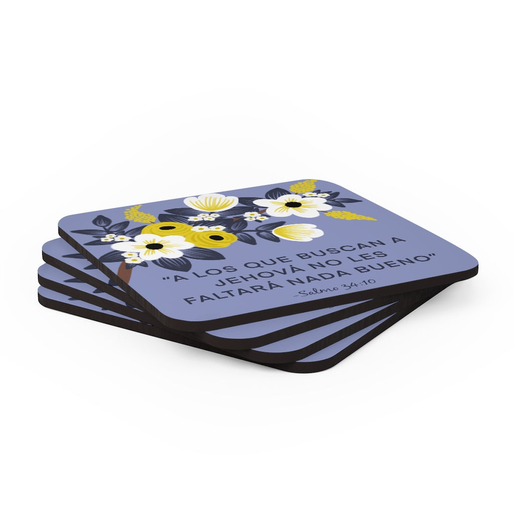 Those Seeking Jehovah Will Lack Nothing Good Psalm 34:10 (Spanish) Corkwood Coaster Set