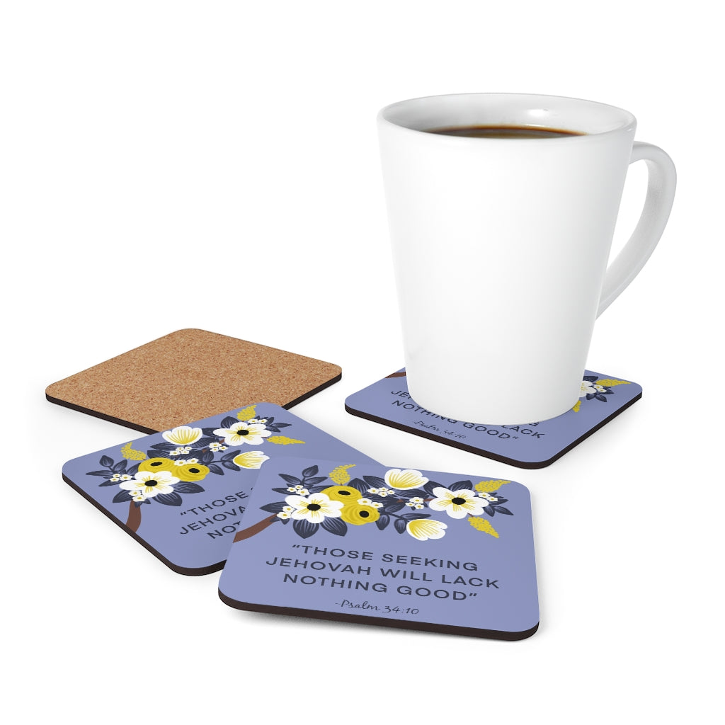 Those Seeking Jehovah Will Lack Nothing Good Psalm 34:10 (English) Corkwood Coaster Set