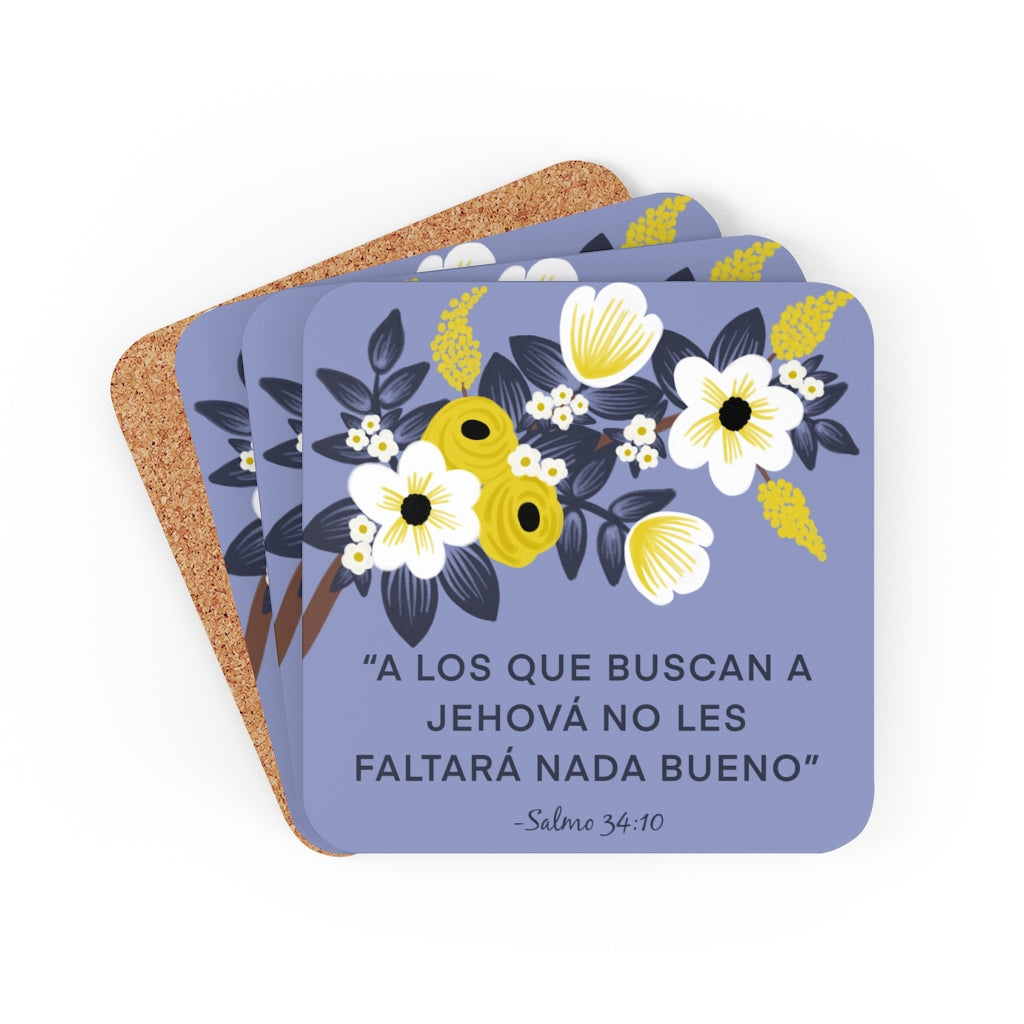 Those Seeking Jehovah Will Lack Nothing Good Psalm 34:10 (Spanish) Corkwood Coaster Set