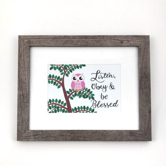 Listen obey and be blessed JW framed, personalized print for kids by Olive Branch Design Studio