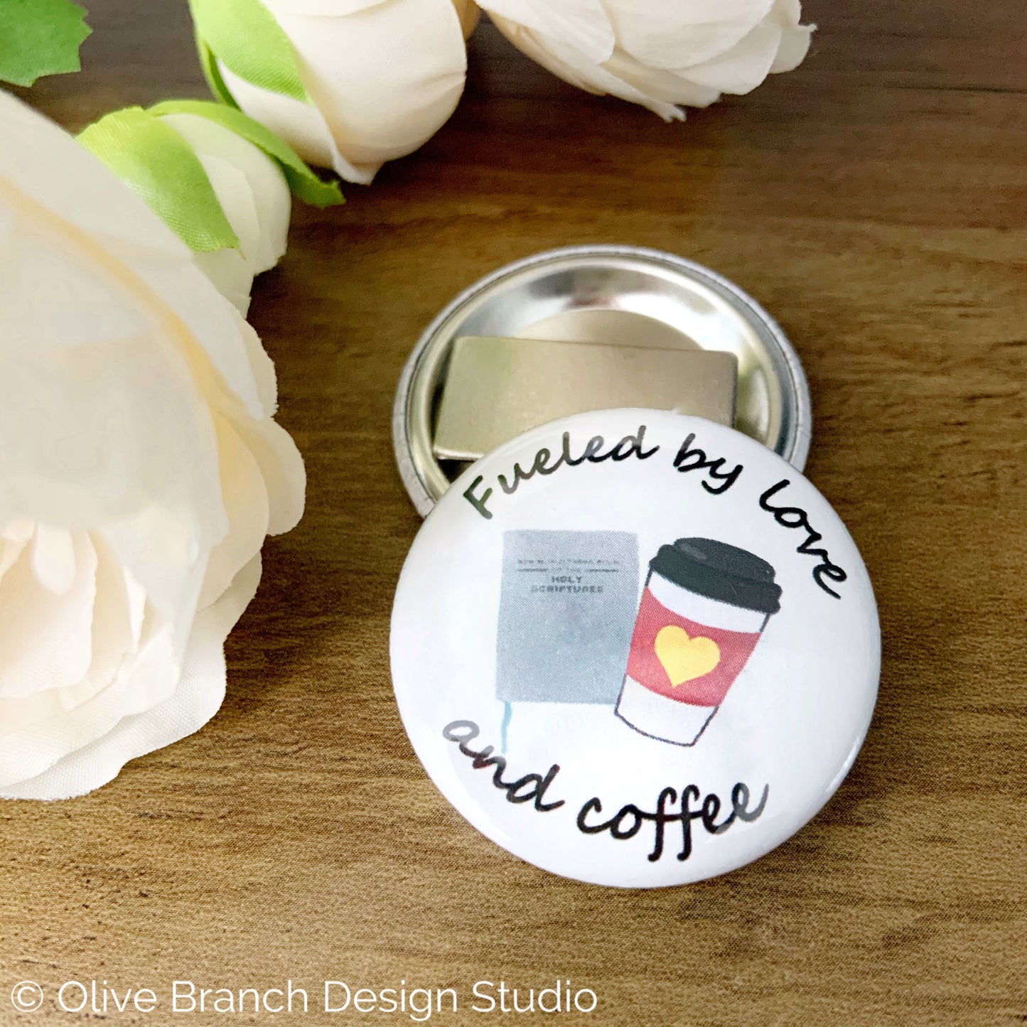 JW Pioneer Magnets Buttons Pins Fueled by love and coffee