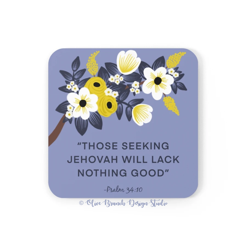 Those Seeking Jehovah Will Lack Nothing Good Psalm 34:10 (English) Corkwood Coaster Set